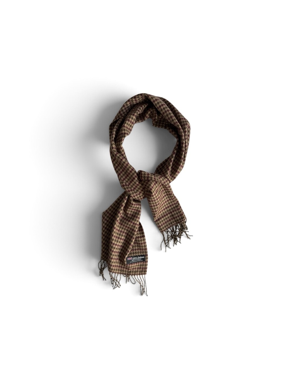 100% Cashmere Scarf Made in Scotland Houndstooth Brown Green Red Fringe Academia